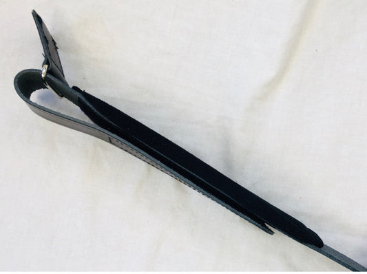 Black melodeon bass strap padded with Velcro adjustment genuine leather side view