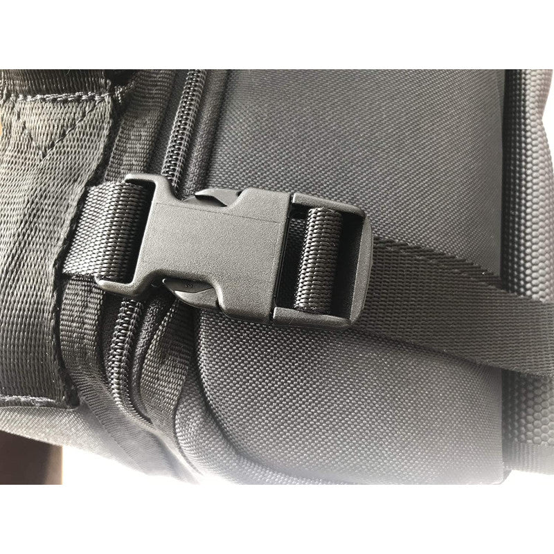 Close-up of a gray bag with a black buckle on a white background