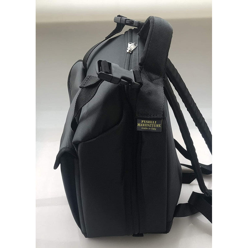 Black backpack with a visible brand label on a white background