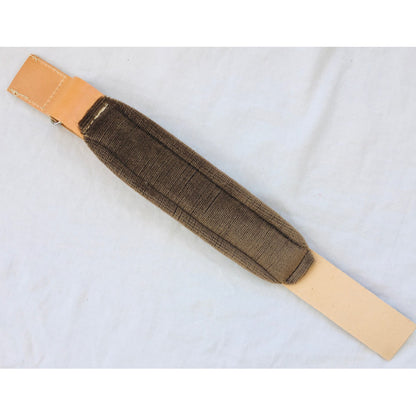 Tan melodeon bass strap padded with Velcro adjustment in genuine Italian leather close up of paddng